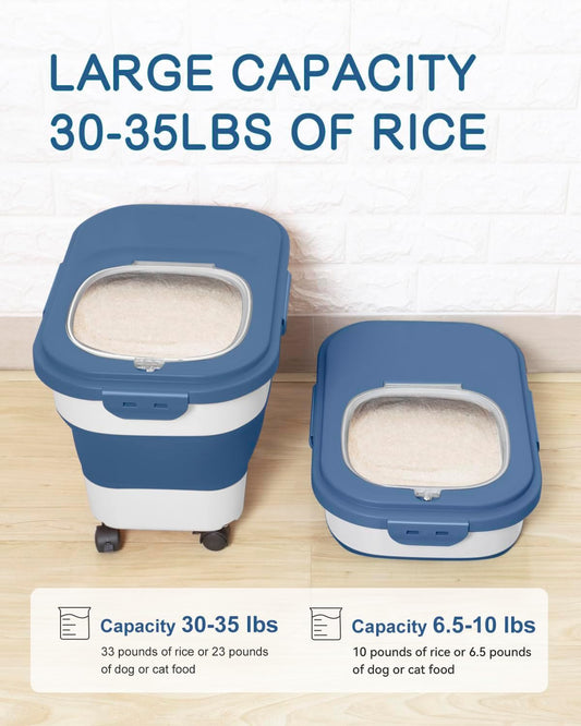20-30 Lbs Rice Storage Container,Collapsible Food Storage Containers with Rolling Wheel Airtight Locking Lid,Flour Storage Container with Cup and Scoop,Suitable for Food,Rice,Pet Food,Flour