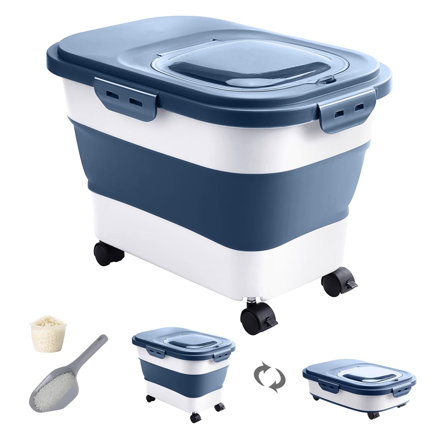 20-30 Lbs Rice Storage Container,Collapsible Food Storage Containers with Rolling Wheel Airtight Locking Lid,Flour Storage Container with Cup and Scoop,Suitable for Food,Rice,Pet Food,Flour