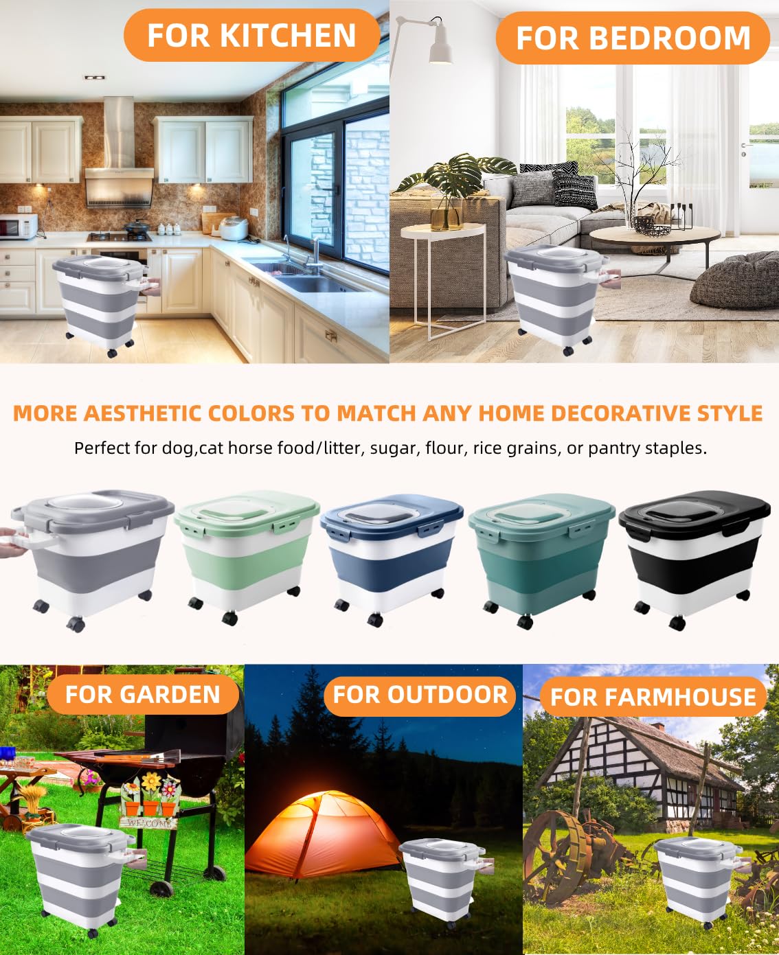 Collapsible Pet food storage Container, 23-25LBS, with Handle and Wheels, Grey