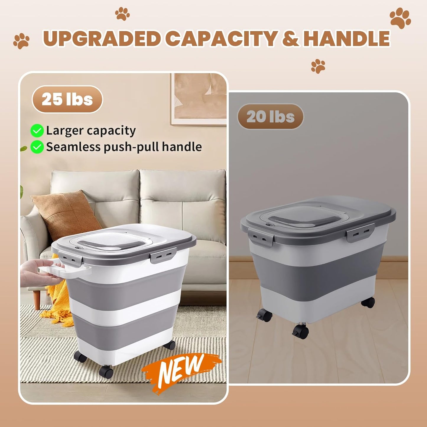 23-25 Lbs Airtight Dog Food Storage Container,Collapsible Dog Food Container with Lid,Wheels,Handle,Large Pet food storage Container with Scoop,Small Food Container for Dog Cat