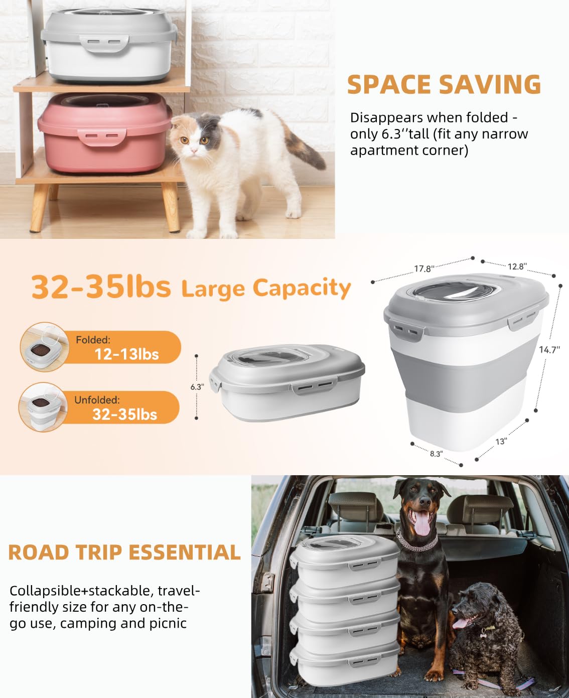 Collapsible Pet food storage Container, 30-32LBS, with Wheels, Grey