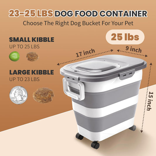 23-25 Lbs Airtight Dog Food Storage Container,Collapsible Dog Food Container with Lid,Wheels,Handle,Large Pet food storage Container with Scoop,Small Food Container for Dog Cat