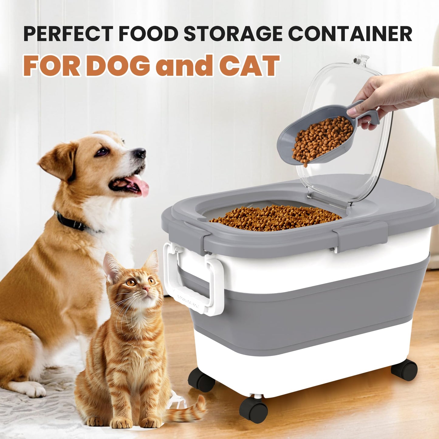 Collapsible Pet food storage Container, 20-23LBS, with Handle and Wheels, Grey