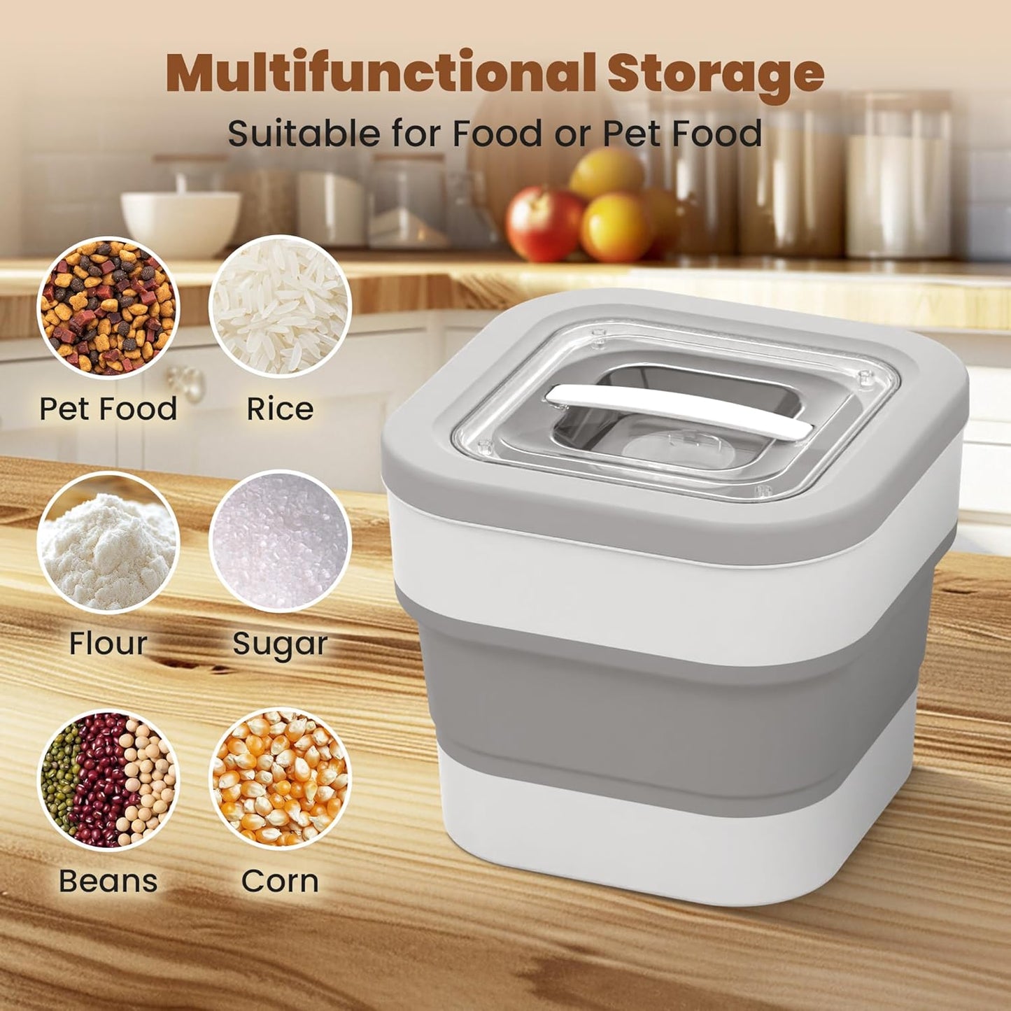 Collapsible Pet food storage Container, 10-13LBS, with Handle, Grey
