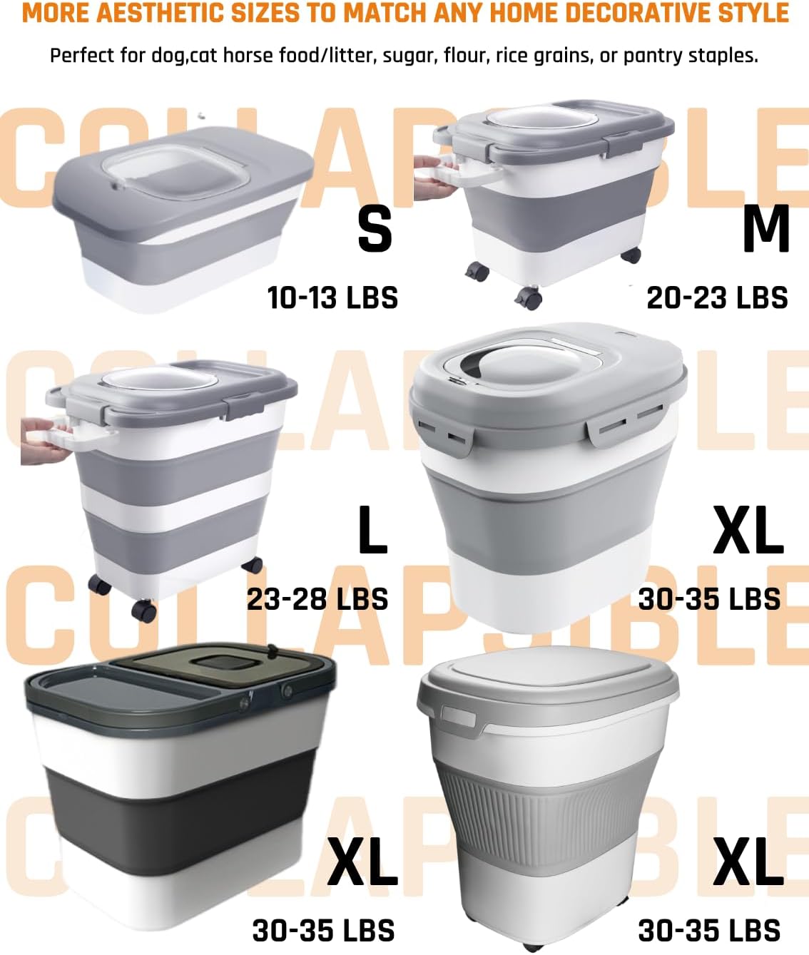 Collapsible Pet food storage Container, 30-32LBS, with Wheels, Grey