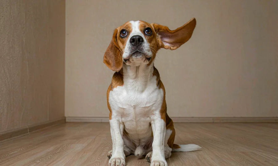 A beagle with a sheepish expression