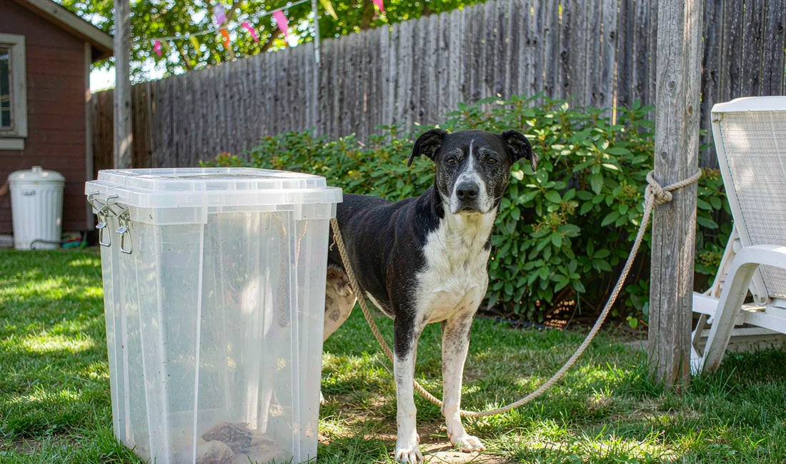 A dog standing beside a large food bin in a sunny backyard