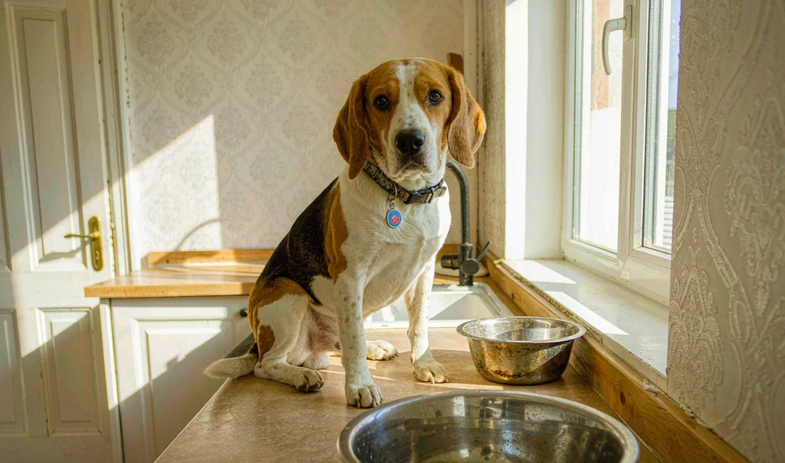 A beagle waiting by its bowl in a bright kitchen