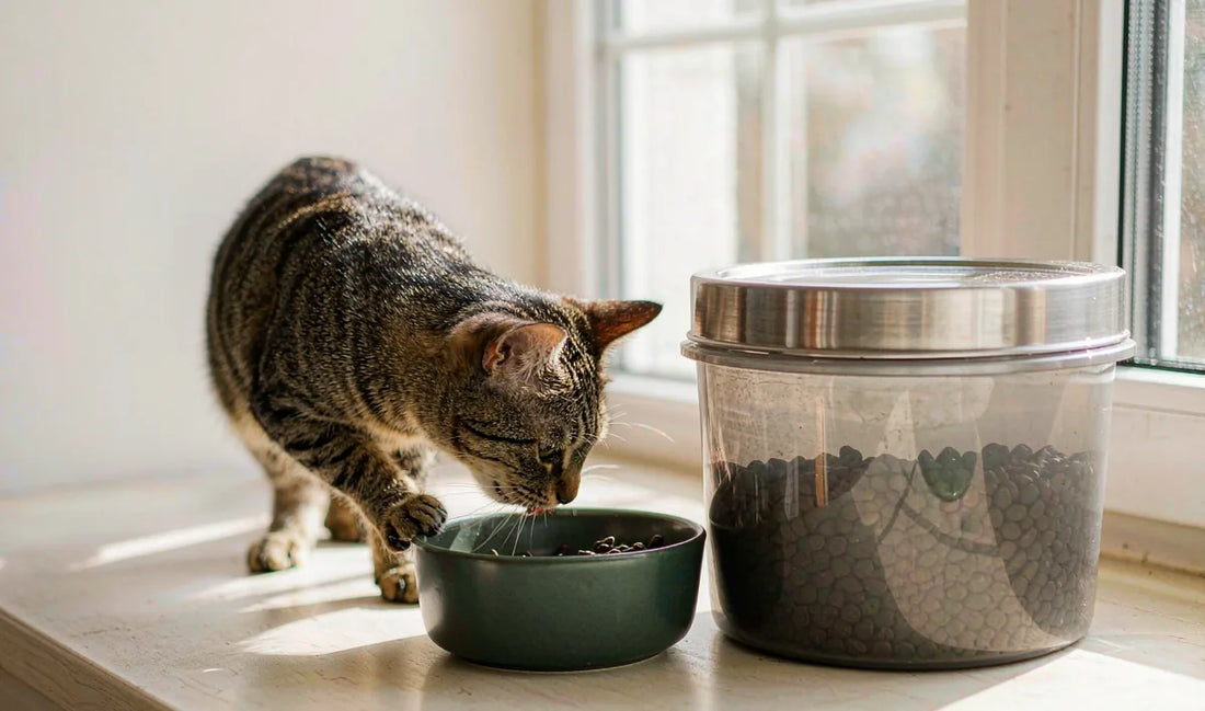 A cat eating beside a pet food bin in a sunny kitchen