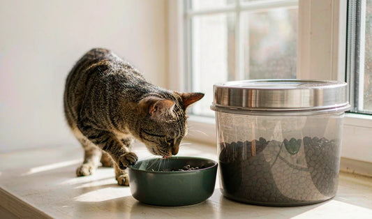 A cat eating beside a pet food bin in a sunny kitchen