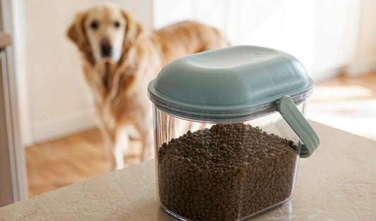 A clear-lid pet food container on a kitchen counter