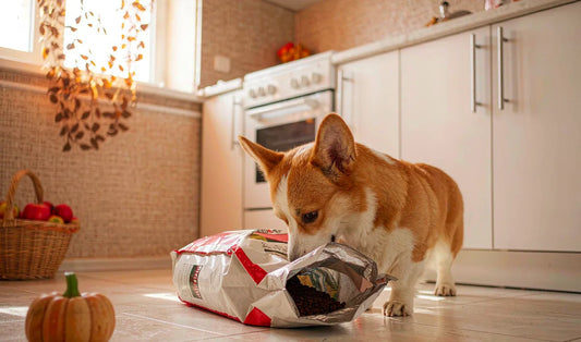 A corgi beside an open bag of dog food