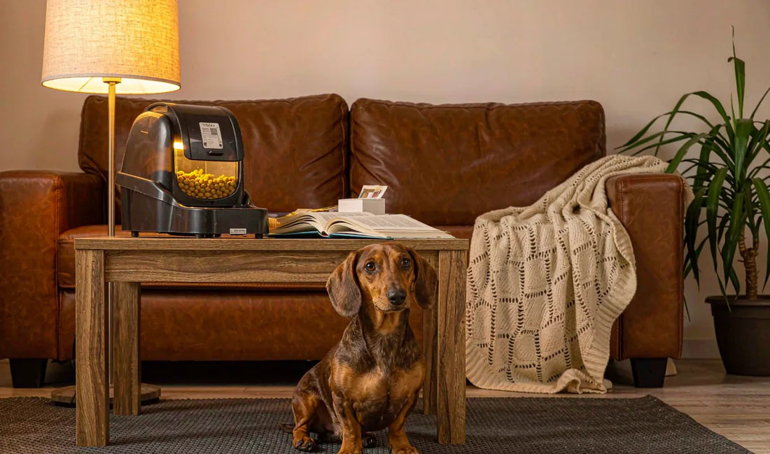 A dachshund beside a food bin in a living room