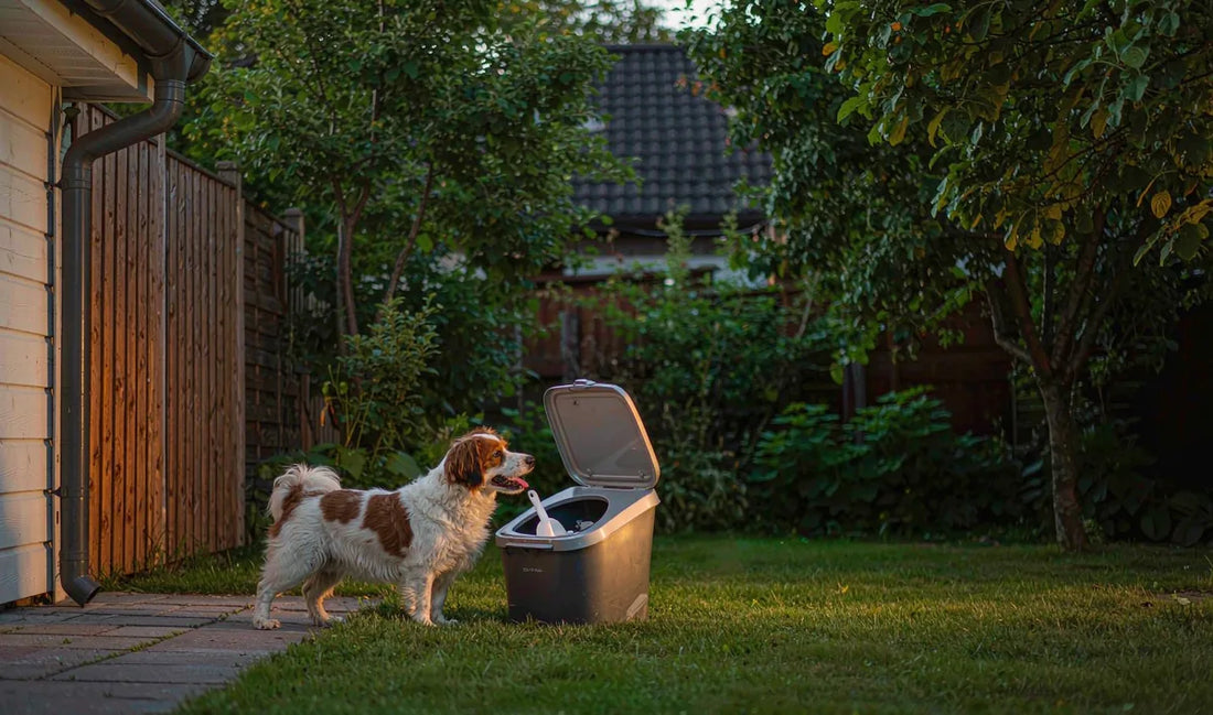 A dog beside a food bin in a garden at golden hour