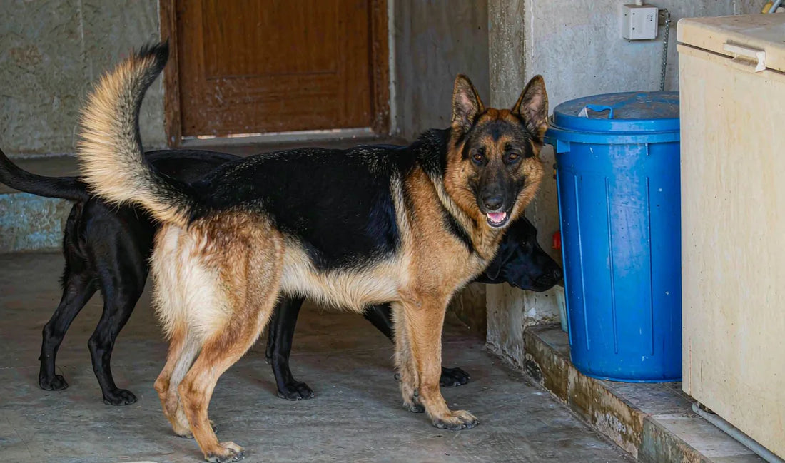 A german shepherd beside a food bin in a garage