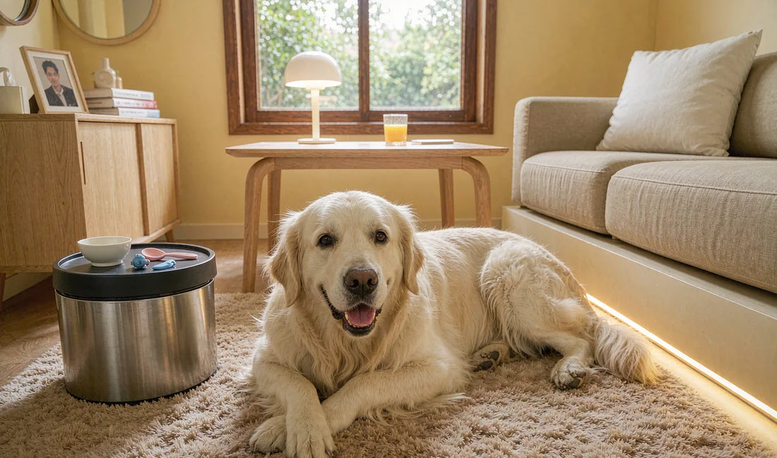 A golden retriever lying beside a food bin in a living room