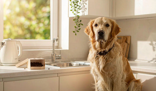 A golden retriever in a kitchen beside an open bag of kibble