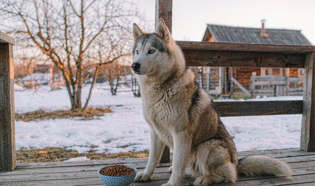 A husky with a bowl of kibble on a wooden porch