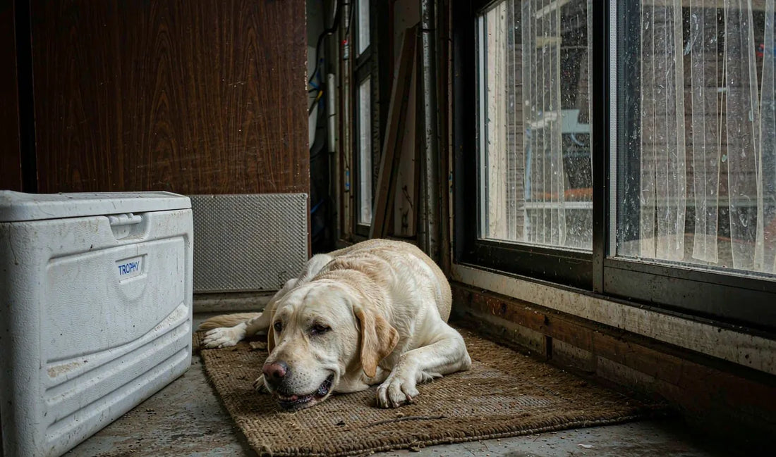 A labrador beside a large storage container in a mudroom