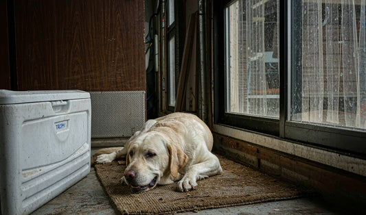 A labrador beside a large storage container in a mudroom