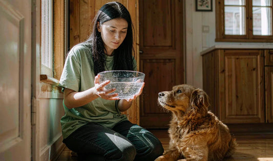 An owner kneeling to fill a bowl while a dog watches