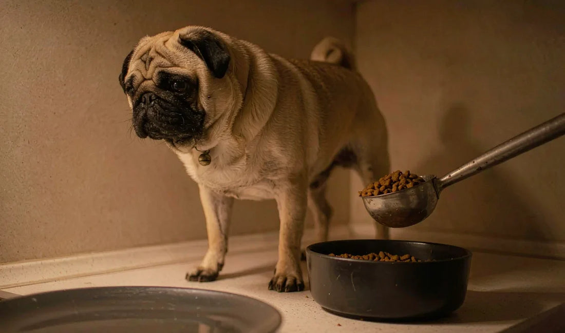A pug with a food scoop and bowl on a kitchen counter