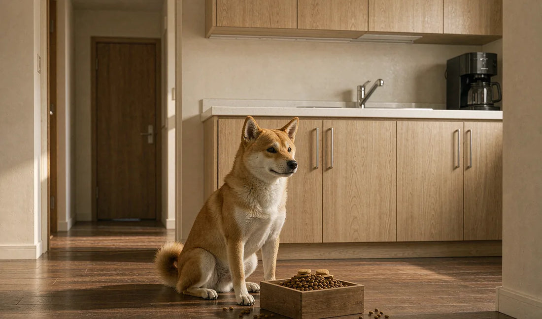 A shiba inu with a bowl of kibble in a warm kitchen