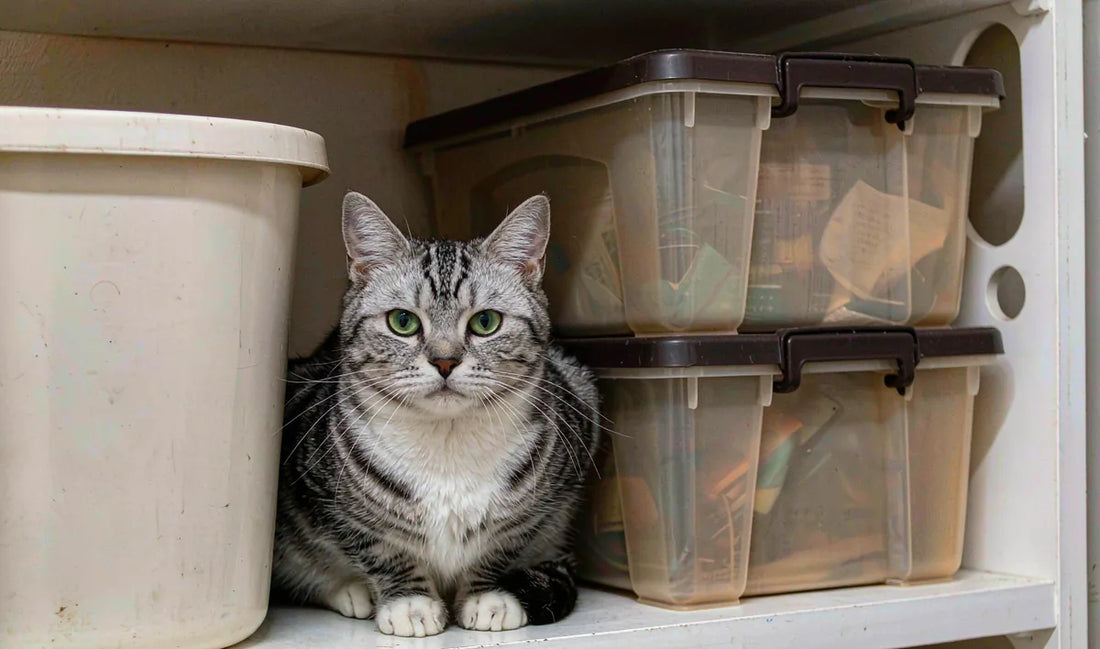 A silver tabby cat on a pantry shelf beside storage bins