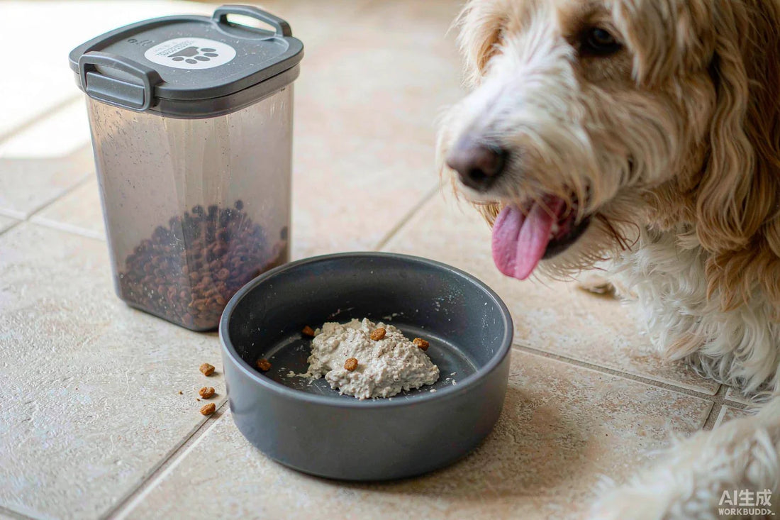 A dog bowl with a little dry kibble left in it beside a storage bin