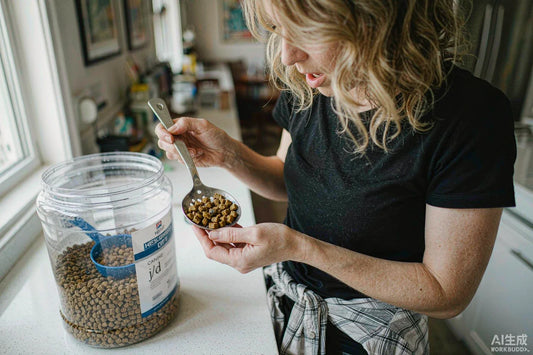 A person inspecting dry dog kibble on a kitchen counter for discoloration