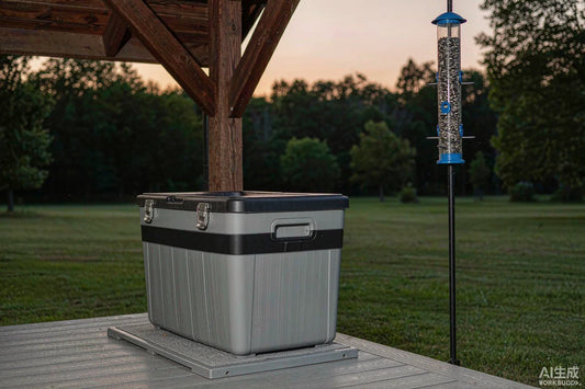 A pet food bin with a latched lid on a covered back porch