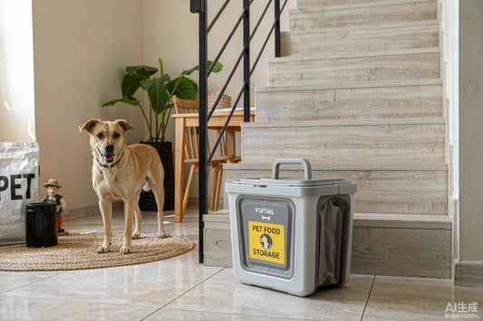 A collapsible pet food bin tucked under a staircase in a small home