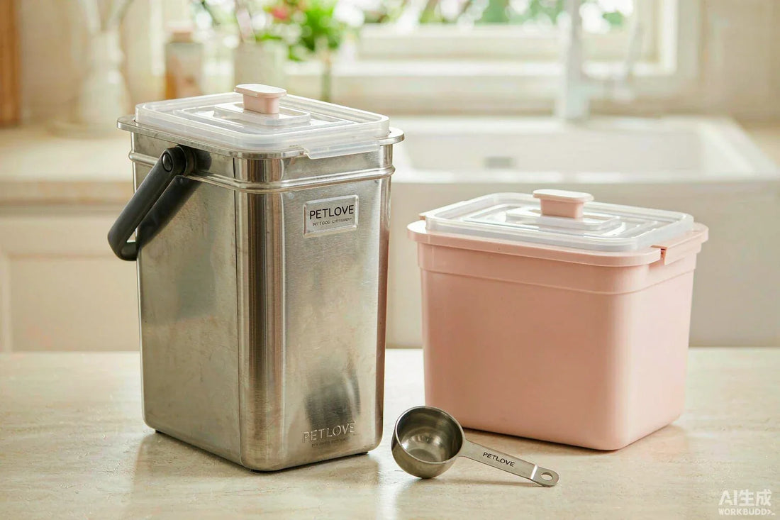 A stainless steel bin and a plastic bin side by side with a metal scoop