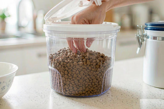 A hand lifting the flip-up window lid of a clear pet food container