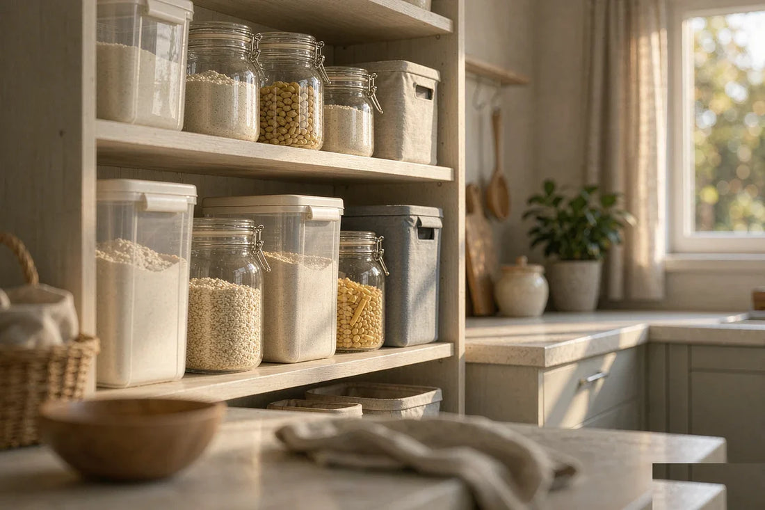 A kitchen pantry shelf with storage bins and jars of dry goods
