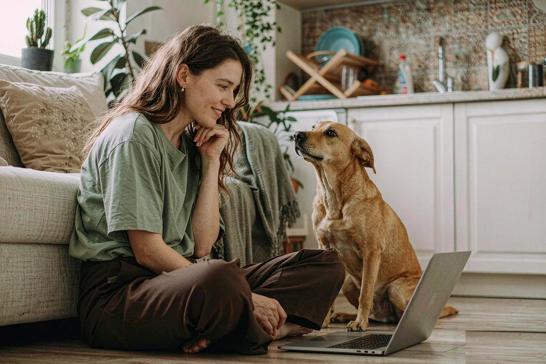 A woman sitting on the kitchen floor with her dog and a laptop