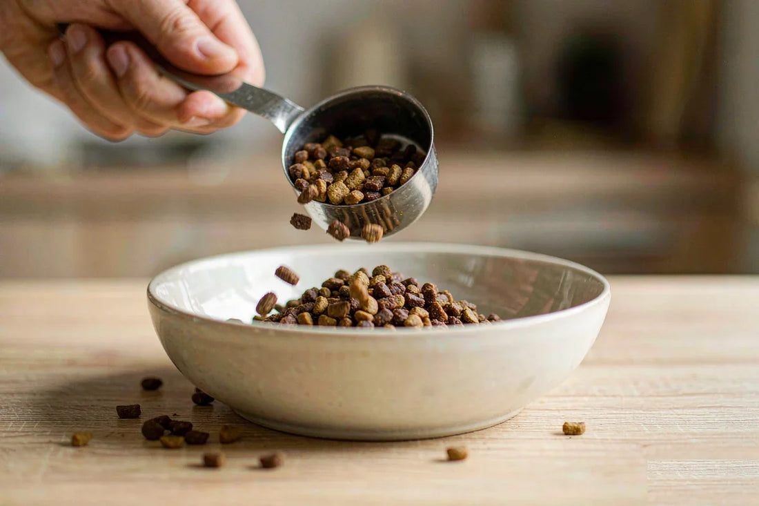 A stainless steel scoop portioning dry dog food into a bowl
