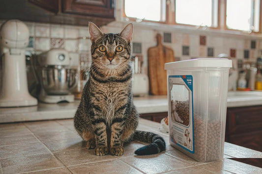 A tabby cat sitting beside a pet food storage bin on a kitchen floor
