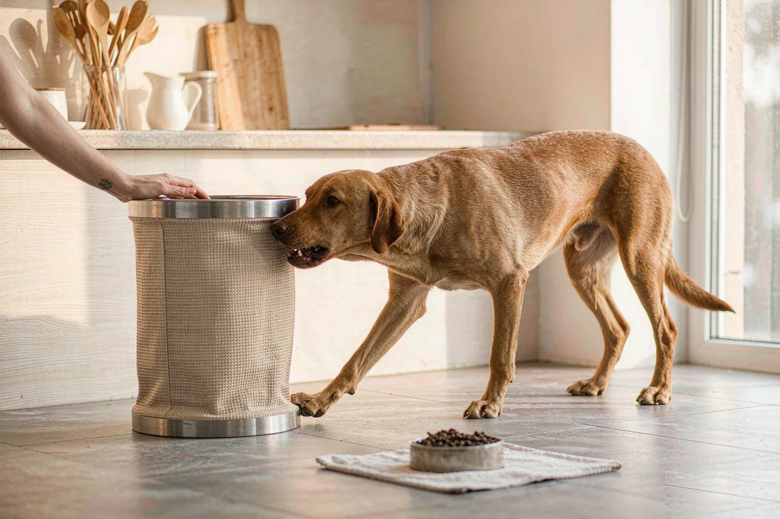 A determined dog mouthing the side of a pet food bin while a hand rests on the lid