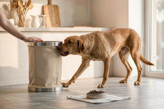 A determined dog mouthing the side of a pet food bin while a hand rests on the lid