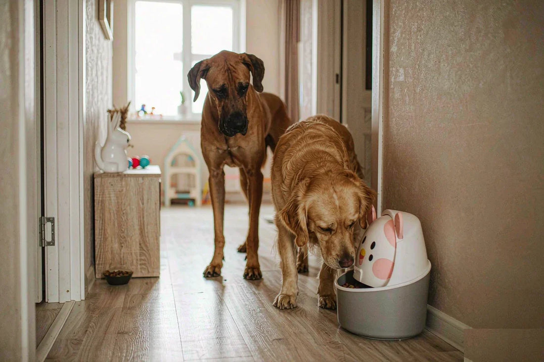 A great dane and a golden retriever standing in a bright home hallway