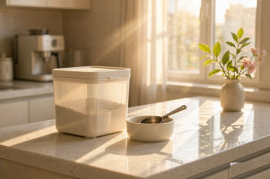 A kitchen counter in morning light with a food bin, scoop and bowl