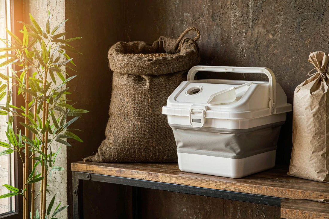 A garage shelf with a pet food bin, a sack of bird seed and a bag of chicken feed