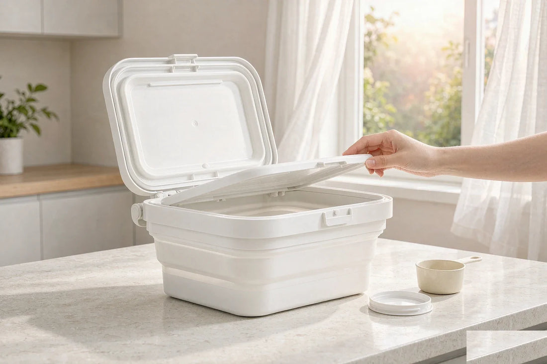 A brand-new collapsible pet food bin with its lid open on a kitchen counter by a window