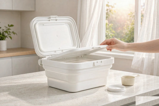 A brand-new collapsible pet food bin with its lid open on a kitchen counter by a window
