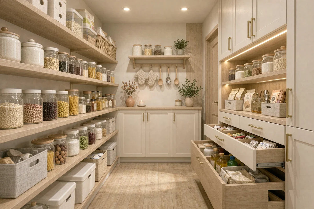 A walk-in pantry with neatly stacked storage bins and labeled jars