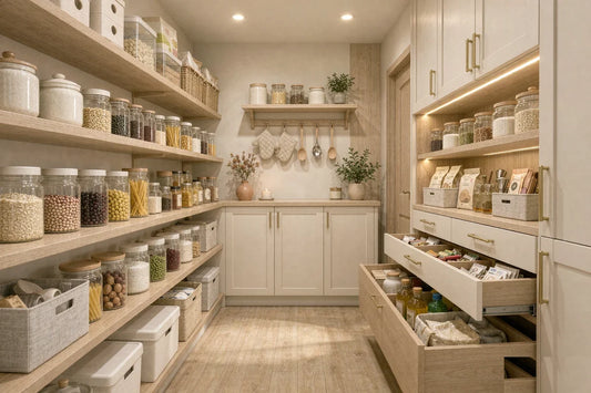 A walk-in pantry with neatly stacked storage bins and labeled jars