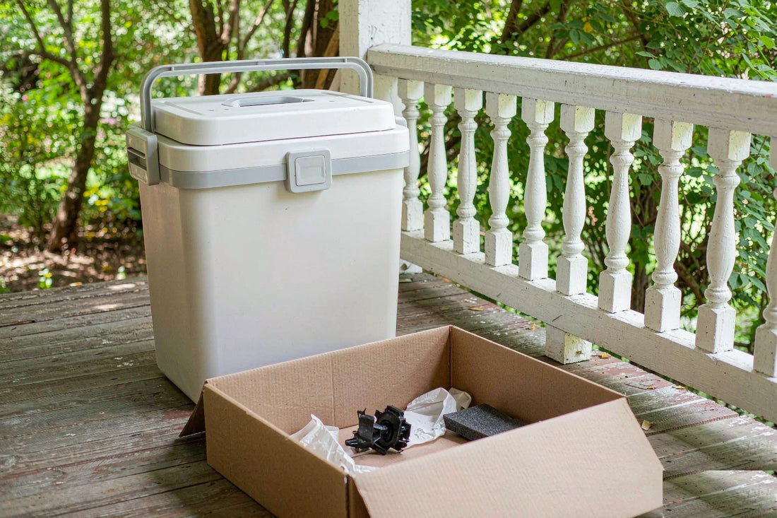 An open shipping box on a front porch beside a pet food bin with broken caster parts