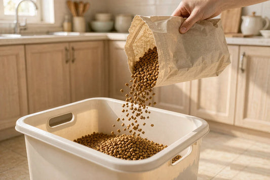 A hand pouring dry kibble from a bag into a storage bin