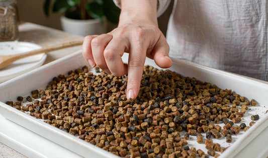 A hand inspecting dry dog kibble spread out on a white tray